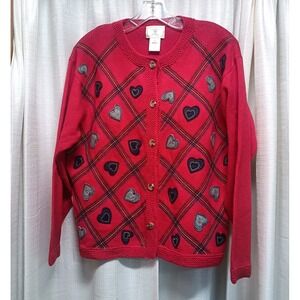 Susan Bristol Women's Size L Red Heart Plaid Knit Cardigan Sweater Vintage 1999